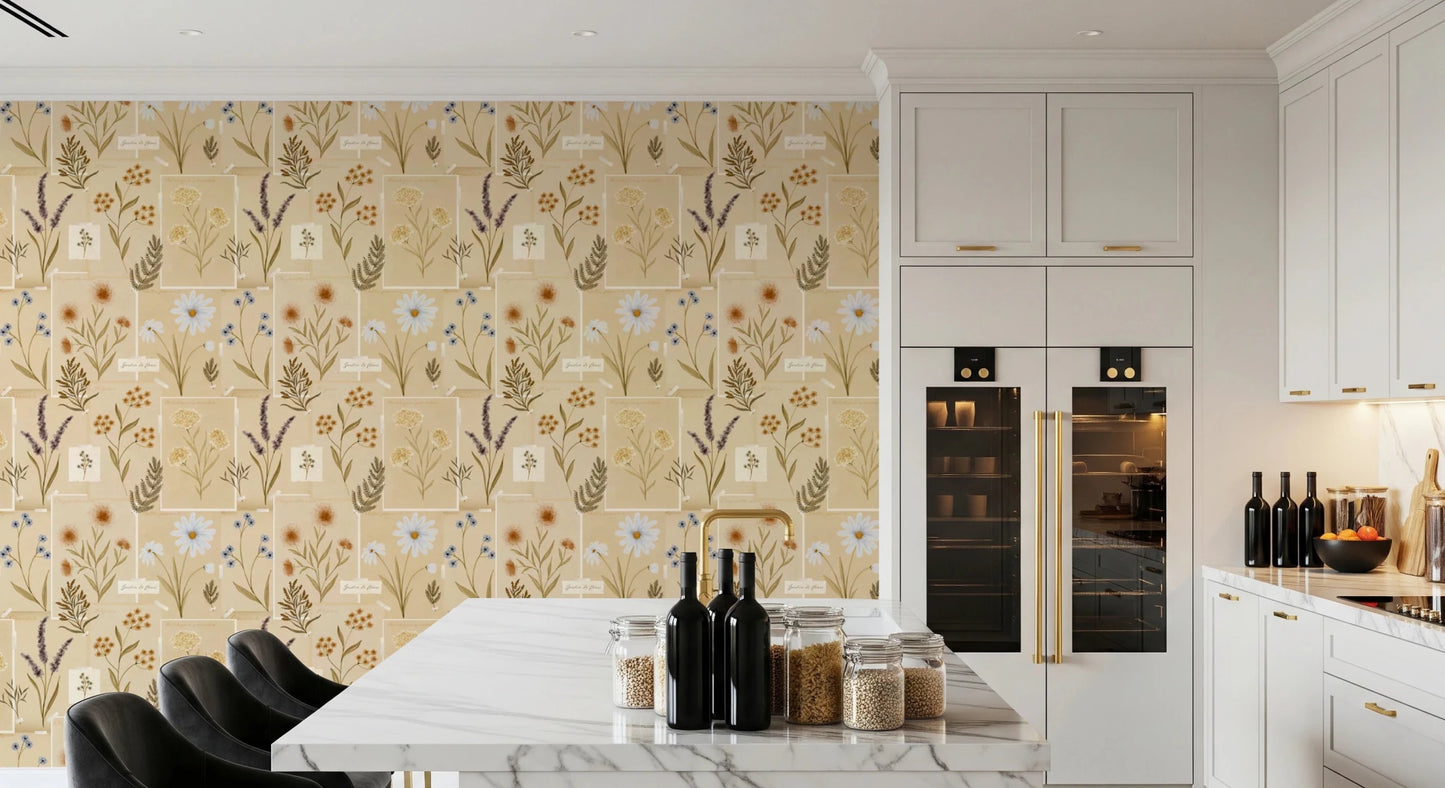Kitchen corner with Jardin des Fleurs Collage Muted Wallpaper and dark cabinets