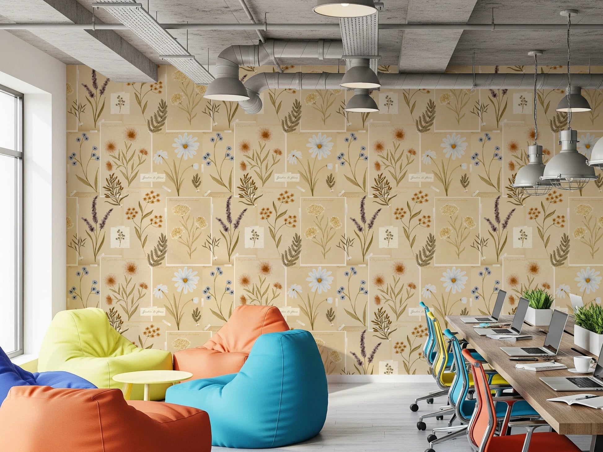 Creative workspace with Jardin des Fleurs Collage Muted Wallpaper and floor cushions