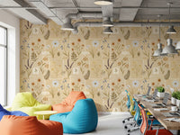 Creative workspace with Jardin des Fleurs Collage Muted Wallpaper and floor cushions