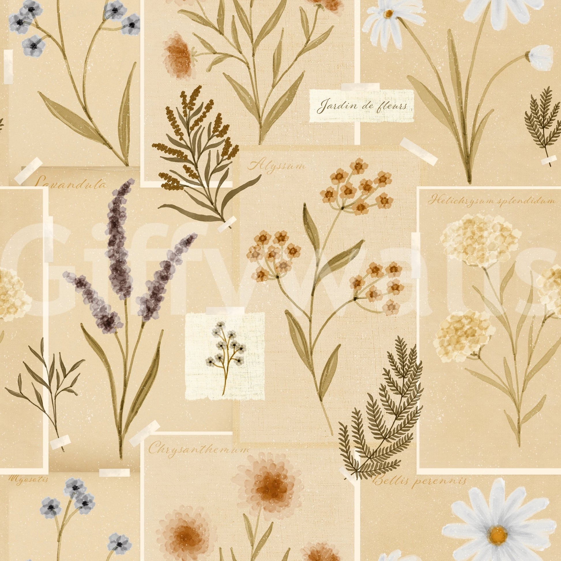 Jardin des Fleurs Collage Muted Wallpaper with pressed blooms on a soft beige base