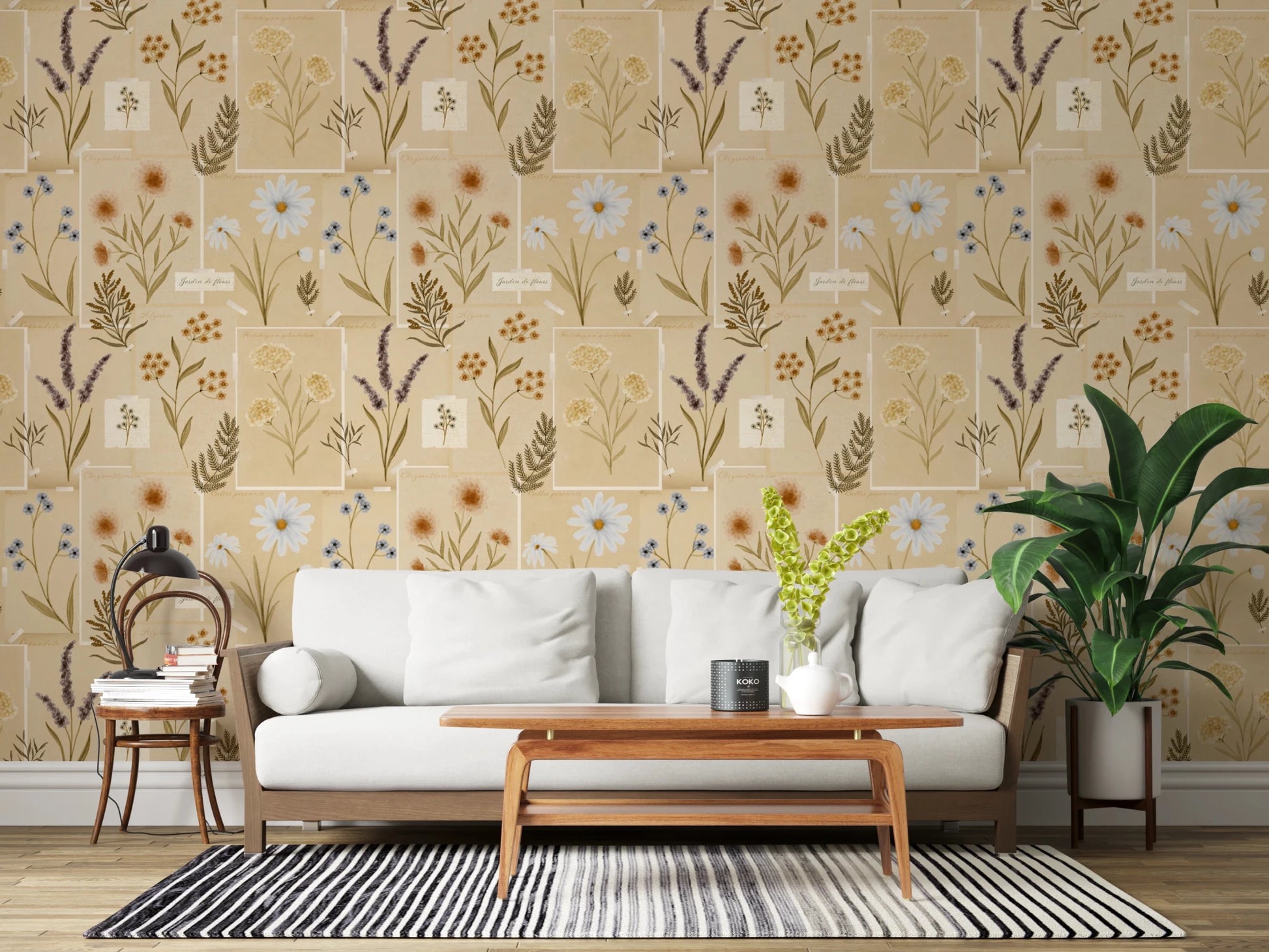 Living room with Jardin des Fleurs Collage Muted Wallpaper and soft seating