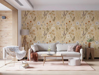 Warm lounge with Jardin des Fleurs Collage Muted Wallpaper and soft seating