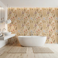 Bath area with Jardin des Fleurs Collage Vintage Wallpaper and warm natural finishes