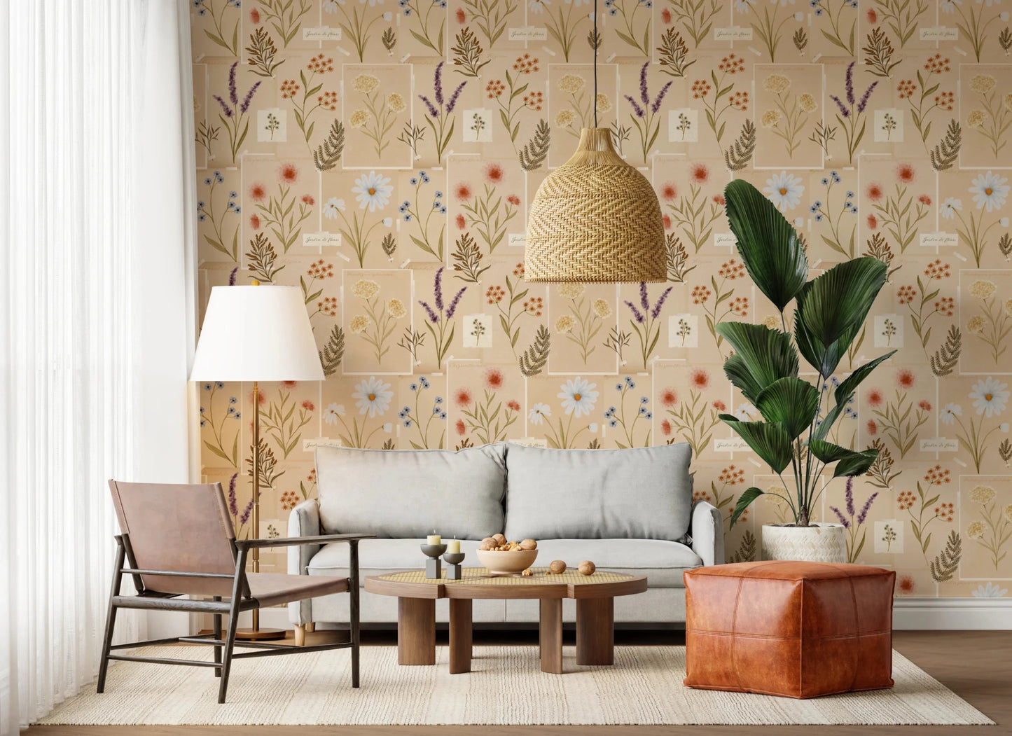 Living room with Jardin des Fleurs Collage Vintage Wallpaper and woven lighting
