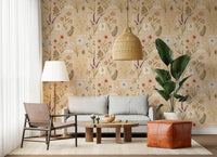 Living room with Jardin des Fleurs Collage Vintage Wallpaper and woven lighting