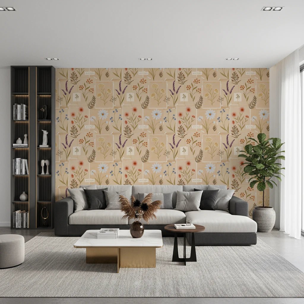 Lounge with Jardin des Fleurs Collage Vintage Wallpaper and layered modern seating
