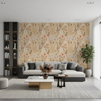 Lounge with Jardin des Fleurs Collage Vintage Wallpaper and layered modern seating