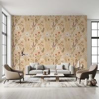 Living room with Jardin des Fleurs Collage Vintage Wallpaper and a soft neutral sofa