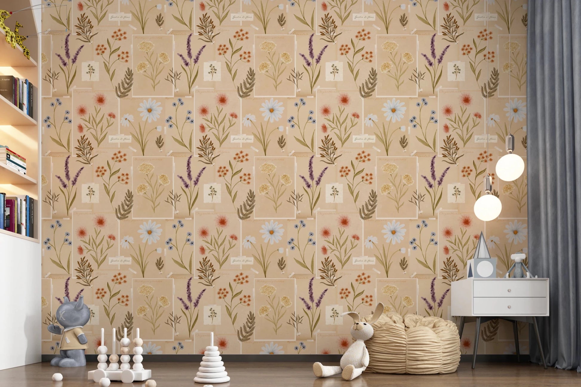 Nursery room with Jardin des Fleurs Collage Vintage Wallpaper beside a freestanding tub