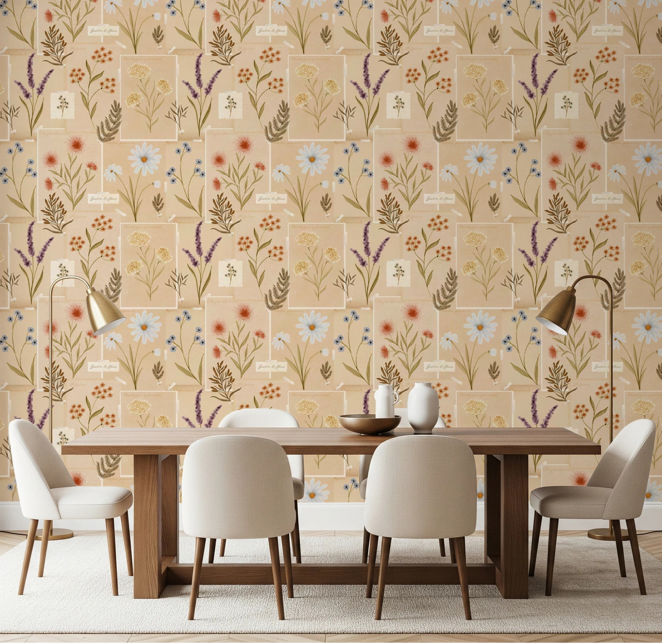 Dining room with Jardin des Fleurs Collage Vintage Wallpaper and round table seating