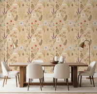 Dining room with Jardin des Fleurs Collage Vintage Wallpaper and round table seating