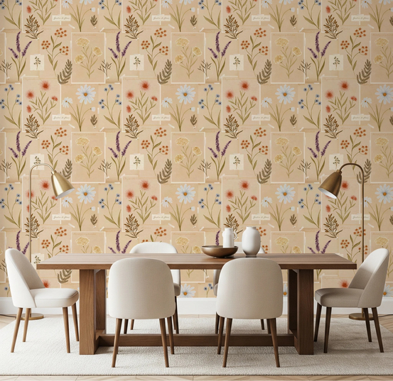 Dining room with Jardin des Fleurs Collage Vintage Wallpaper and round table seating, GD8876