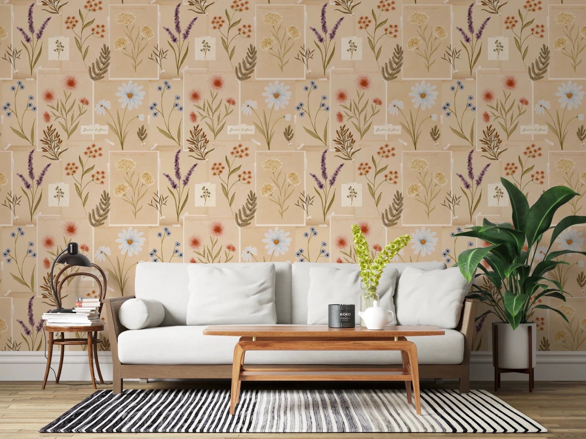 Entryway with Jardin des Fleurs Collage Vintage Wallpaper, a bench, and leafy accents