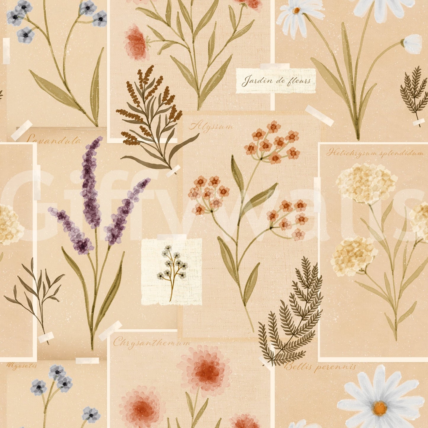 Jardin des Fleurs Collage Vintage Wallpaper with pressed blooms on a warm beige base