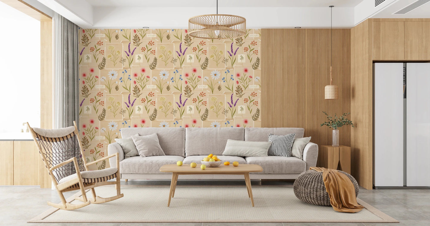 Living room with Jardin des Fleurs Collage Wallpaper and a low bed by the wall