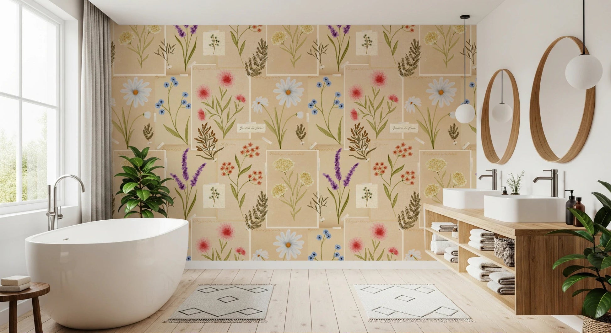 Bathroom with Jardin des Fleurs Collage Wallpaper and a sink by the wall