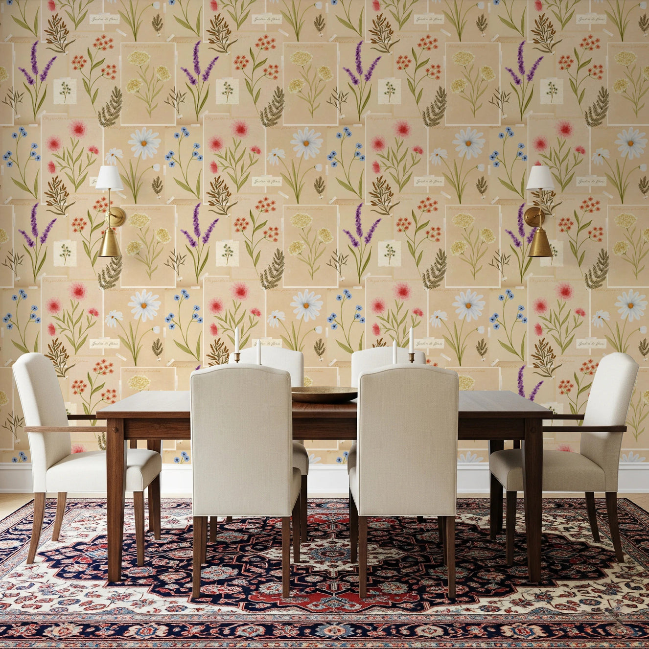 Dining room with Jardin des Fleurs Collage Wallpaper and a dark wood table