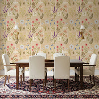 Dining room with Jardin des Fleurs Collage Wallpaper and a dark wood table
