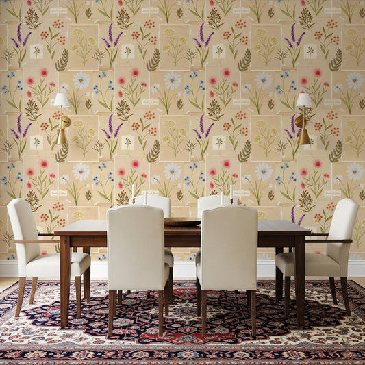 Dining room with Jardin des Fleurs Collage Wallpaper and a dark wood table
