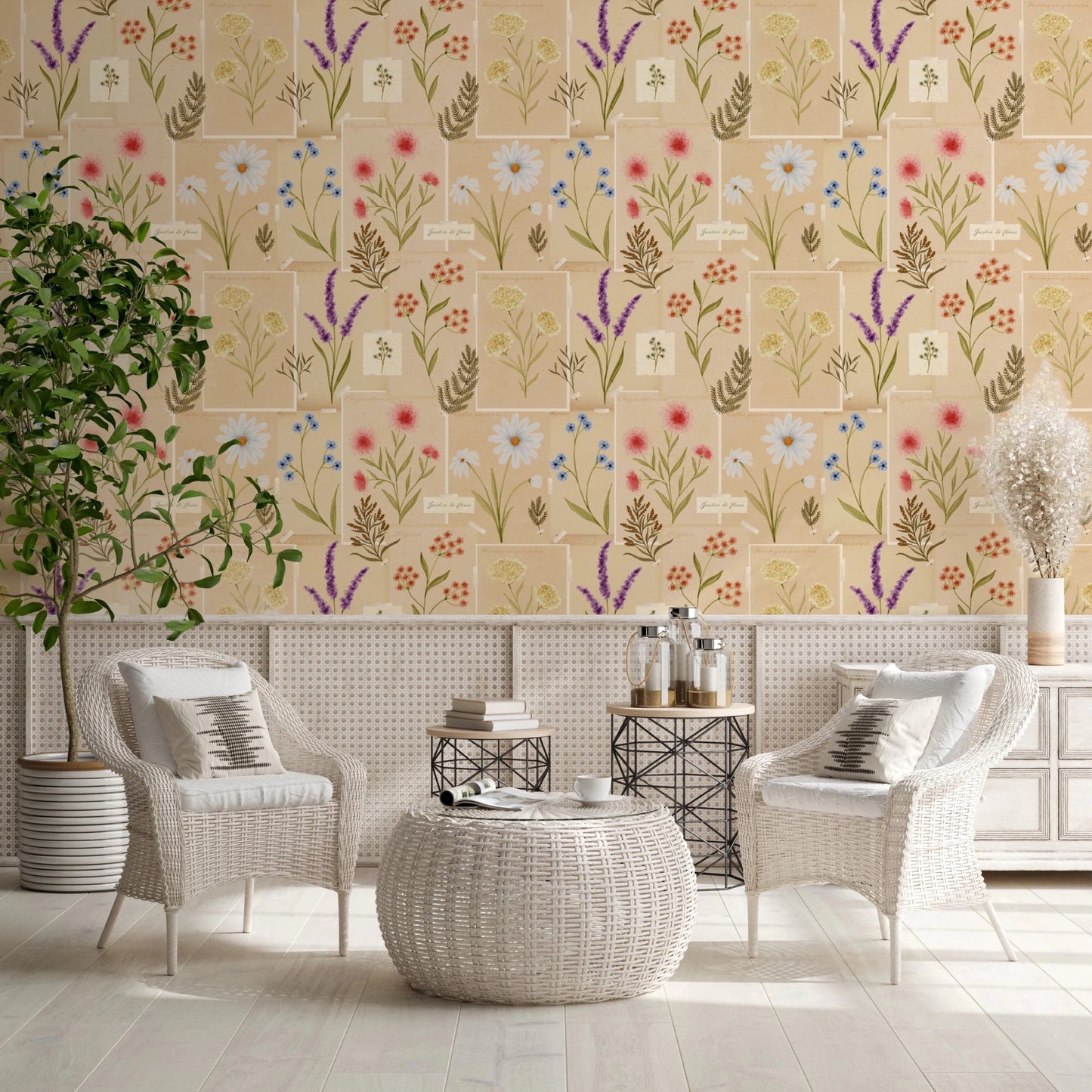 Hallway with Jardin des Fleurs Collage Wallpaper and a freestanding tub