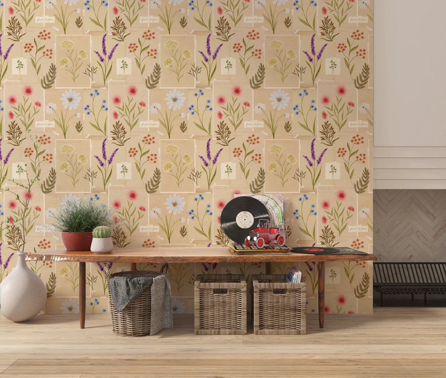 Console area Jardin des Fleurs Collage Wallpaper and a long wooden table