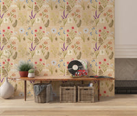 Console area Jardin des Fleurs Collage Wallpaper and a long wooden table