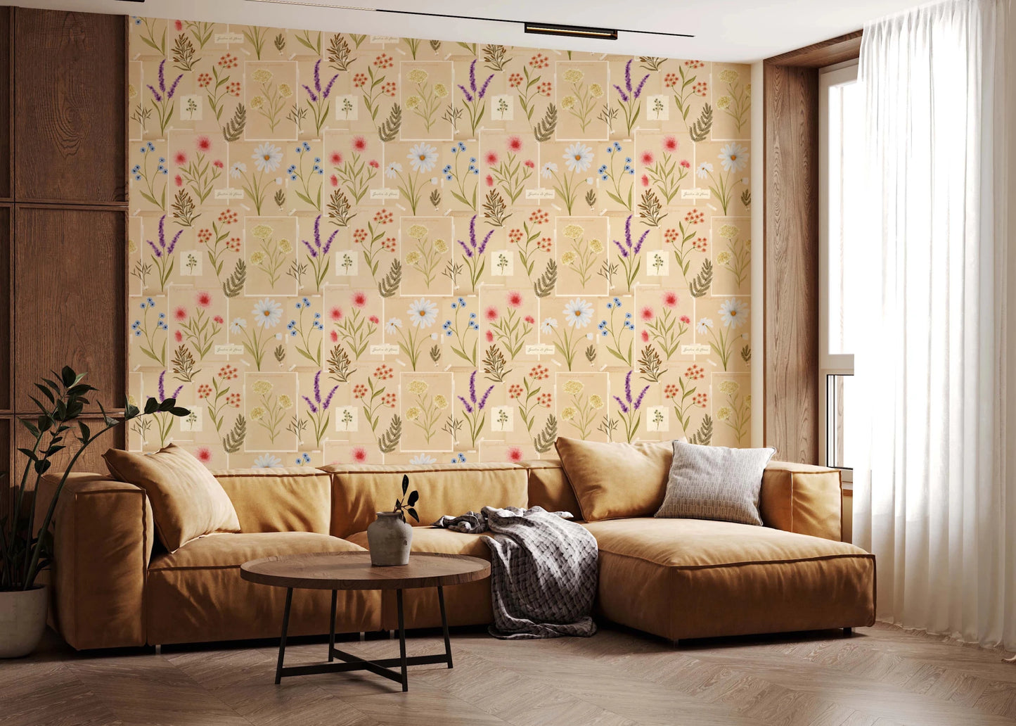 Lounge with Jardin des Fleurs Collage Wallpaper and warm brown seating