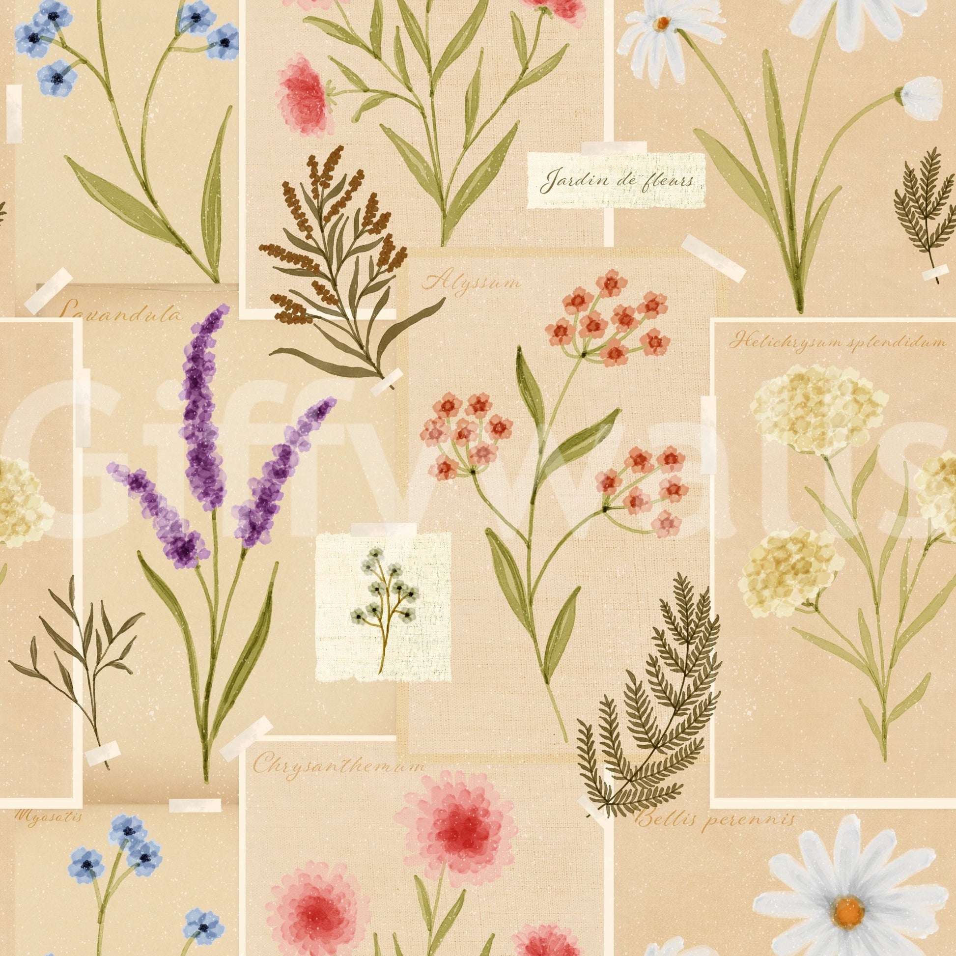 Botanical study cards shape Jardin des Fleurs Collage Wallpaper with soft florals
