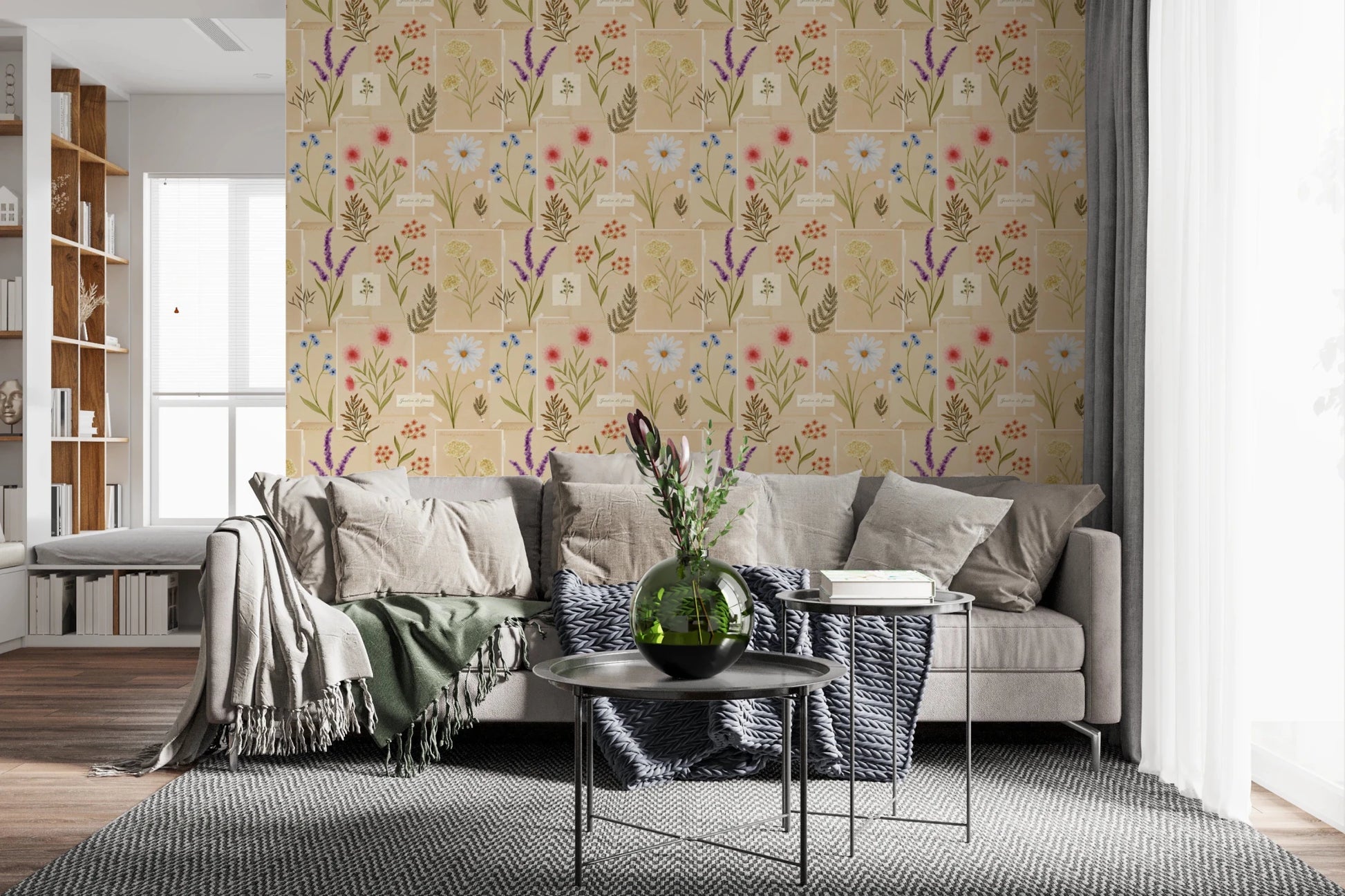 Living room with Jardin des Fleurs Collage Wallpaper and black-framed seating