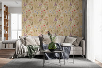 Living room with Jardin des Fleurs Collage Wallpaper and black-framed seating