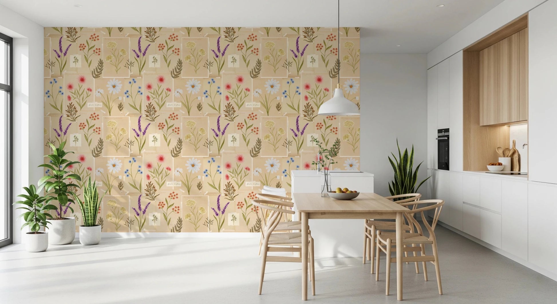 Dining room with Jardin des Fleurs Collage Wallpaper and a light dining corner