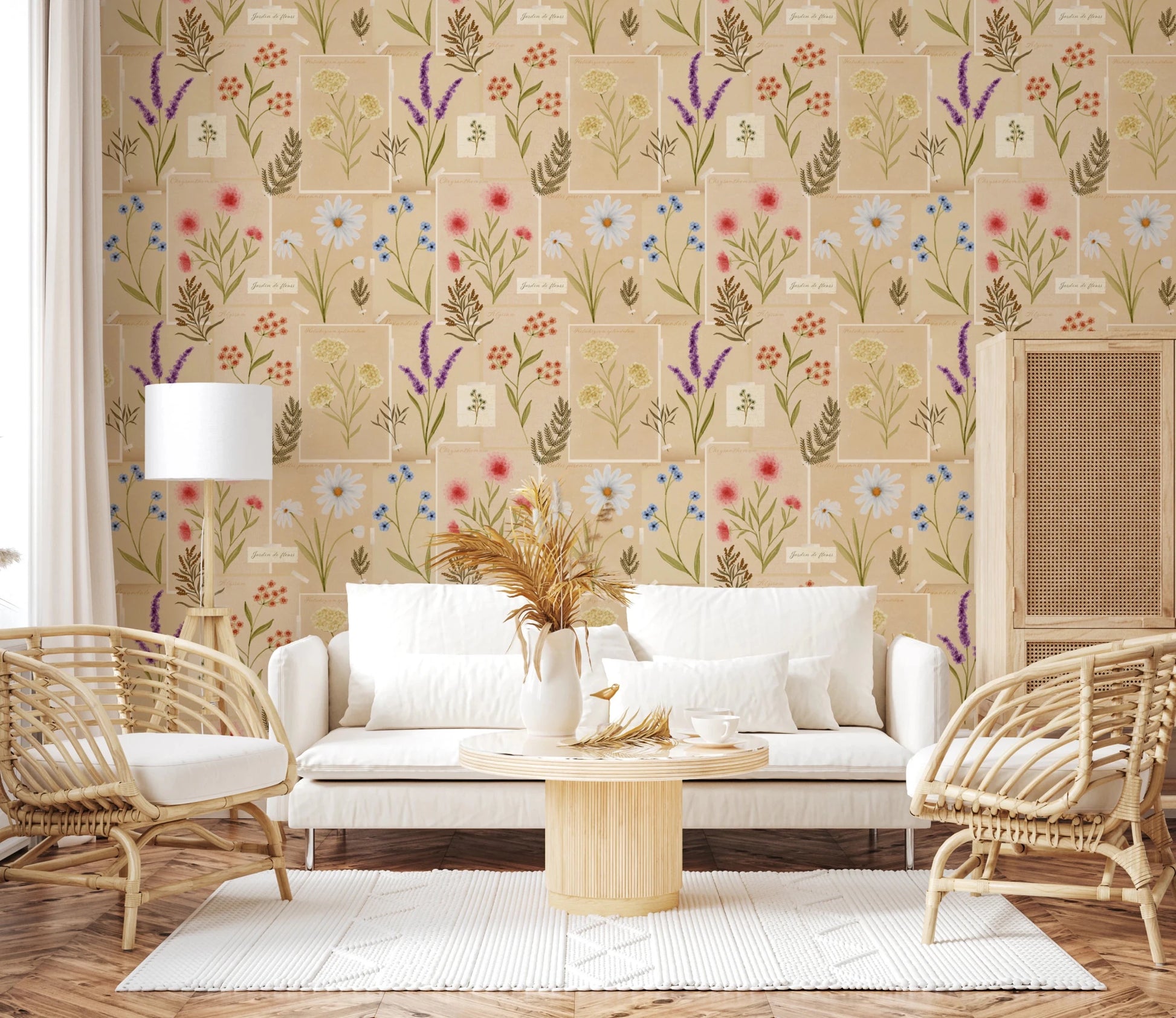 Living room with Jardin des Fleurs Collage Wallpaper and twin wall sconces