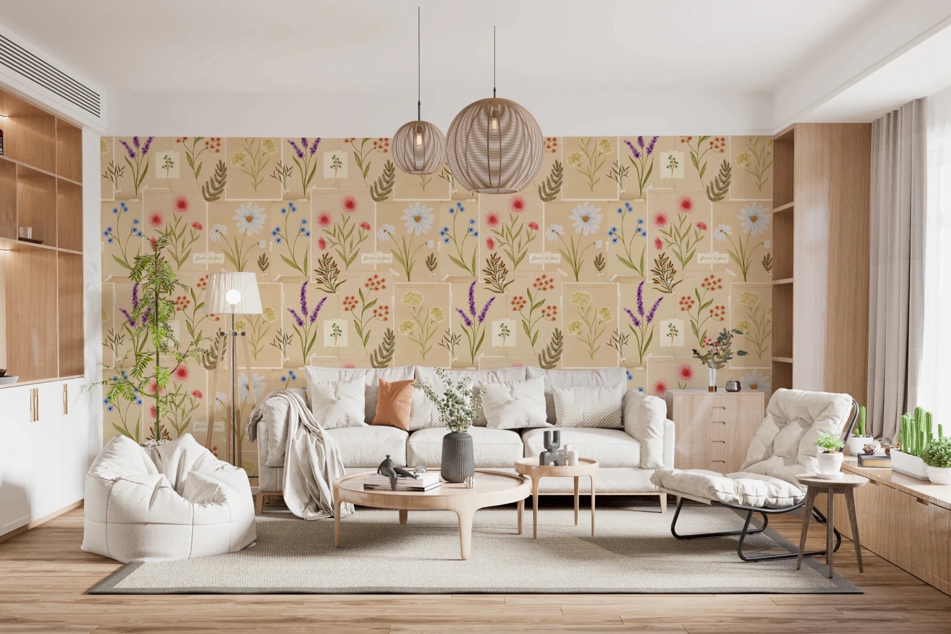 Living room with Jardin des Fleurs Collage Wallpaper and woven pendants