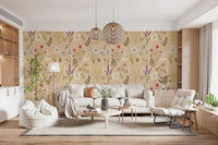 Living room with Jardin des Fleurs Collage Wallpaper and woven pendants