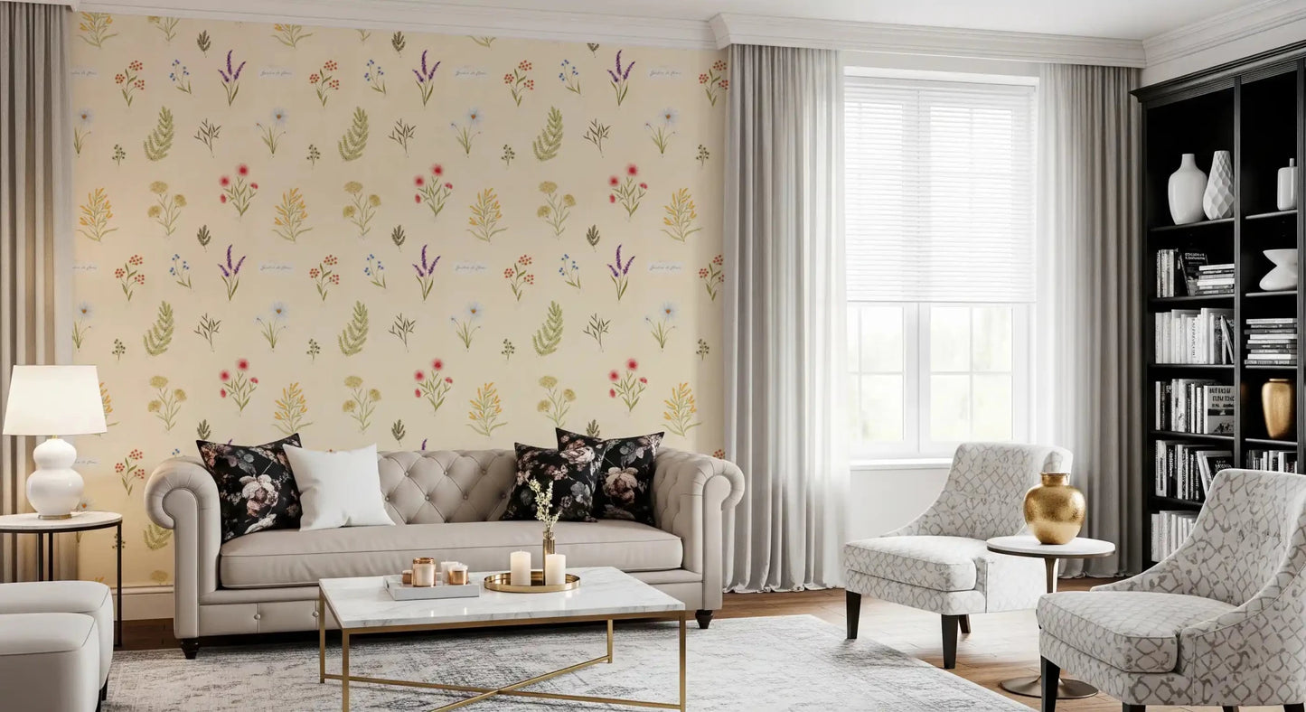 Pastel wildflower wallpaper with daisy, fern, and floral accentsGD9208