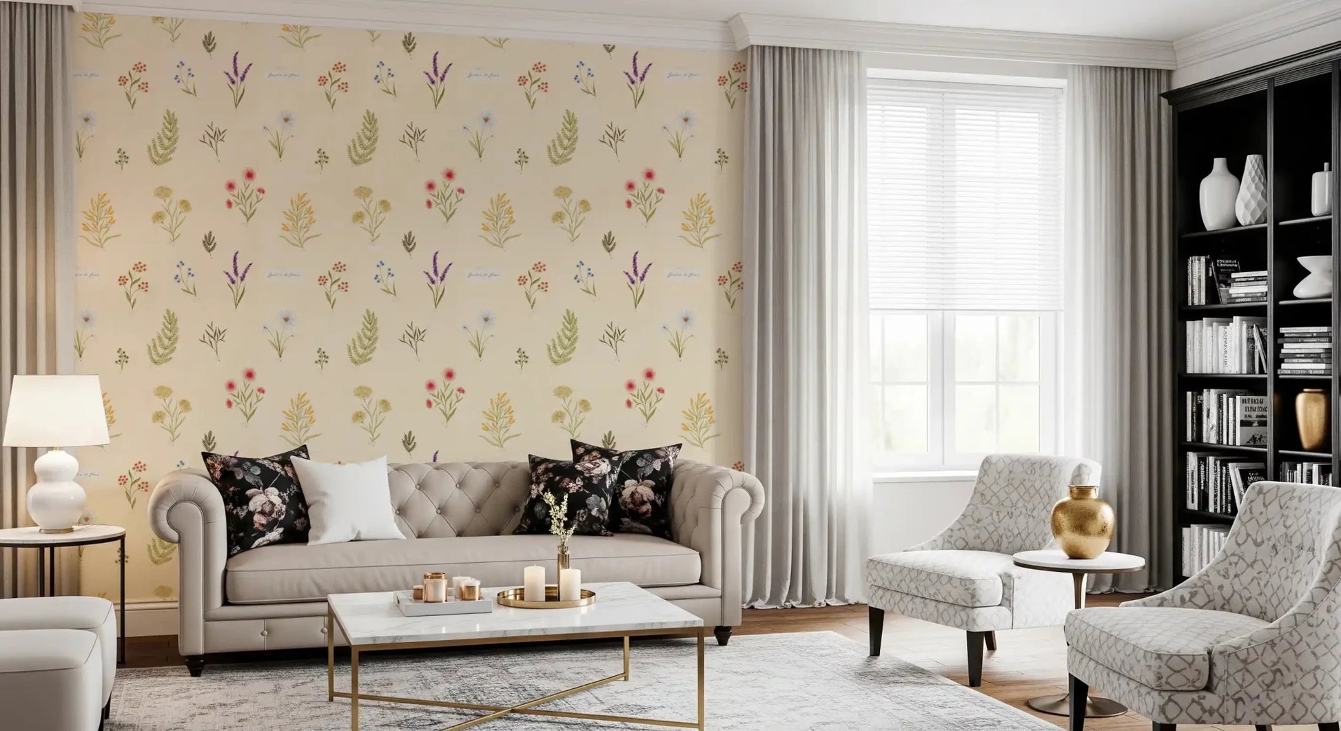 Pastel wildflower wallpaper with daisy, fern, and floral accentsGD9208