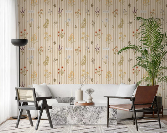 Wildflowers On Stripes wallpaper with soft botanical elements