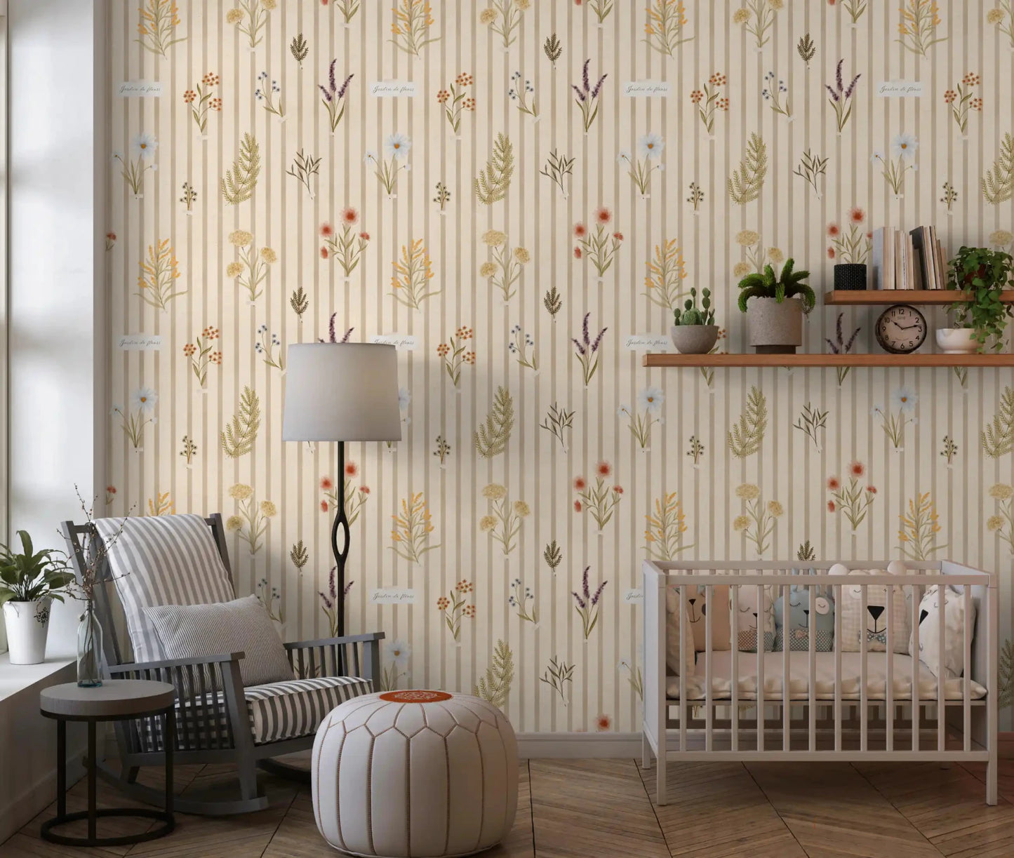 Jardin des Fleurs floral stripe wallpaper with neutral base, GD9209