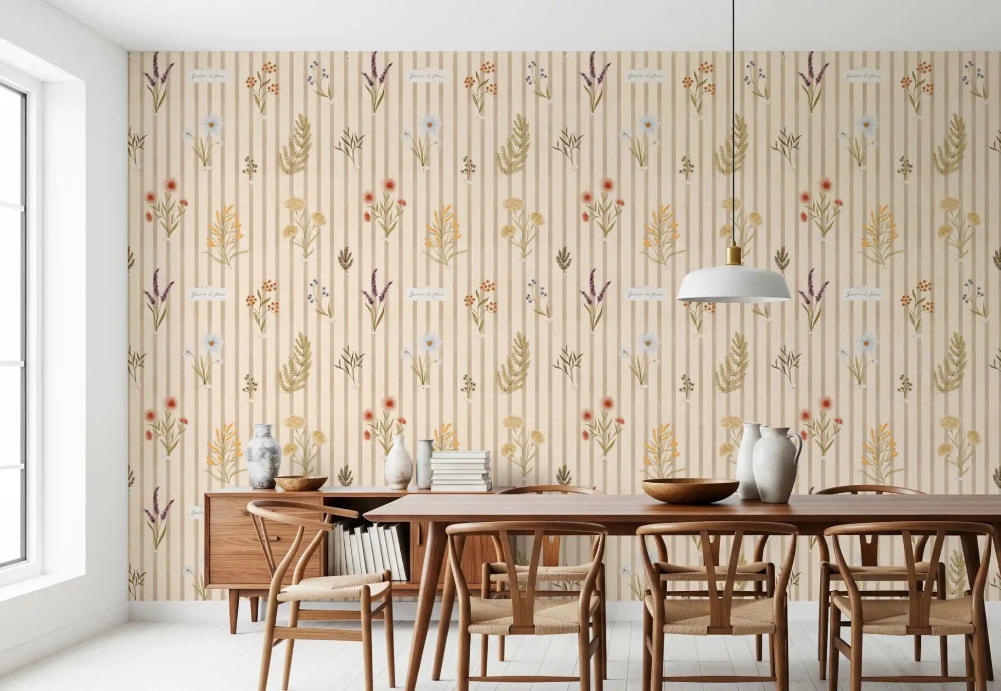 Striped botanical wallpaper with soft pastel wildflower details, GD9209