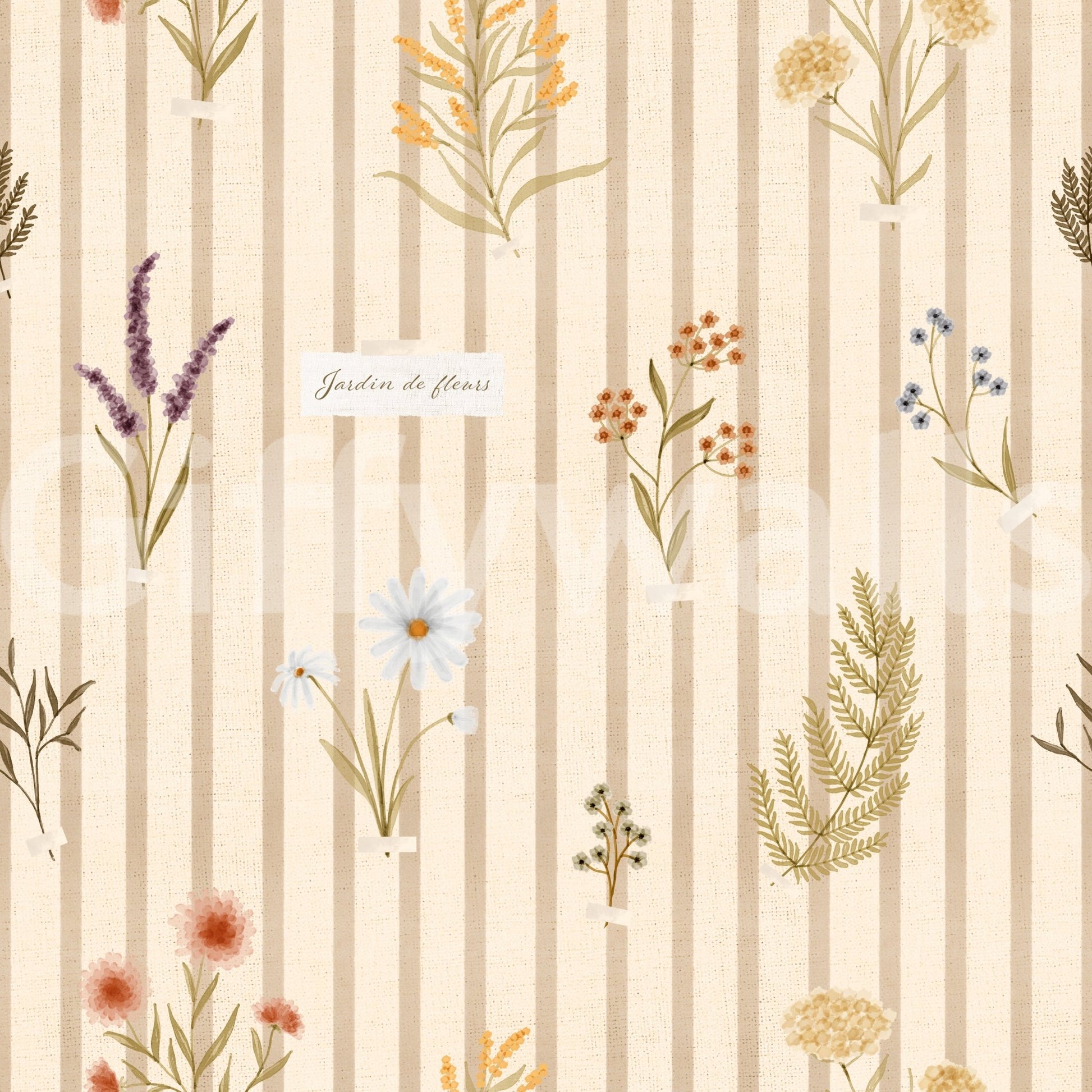 Room space with Jardin des Fleurs Wildflowers wallpaper on stripe base, GD9209