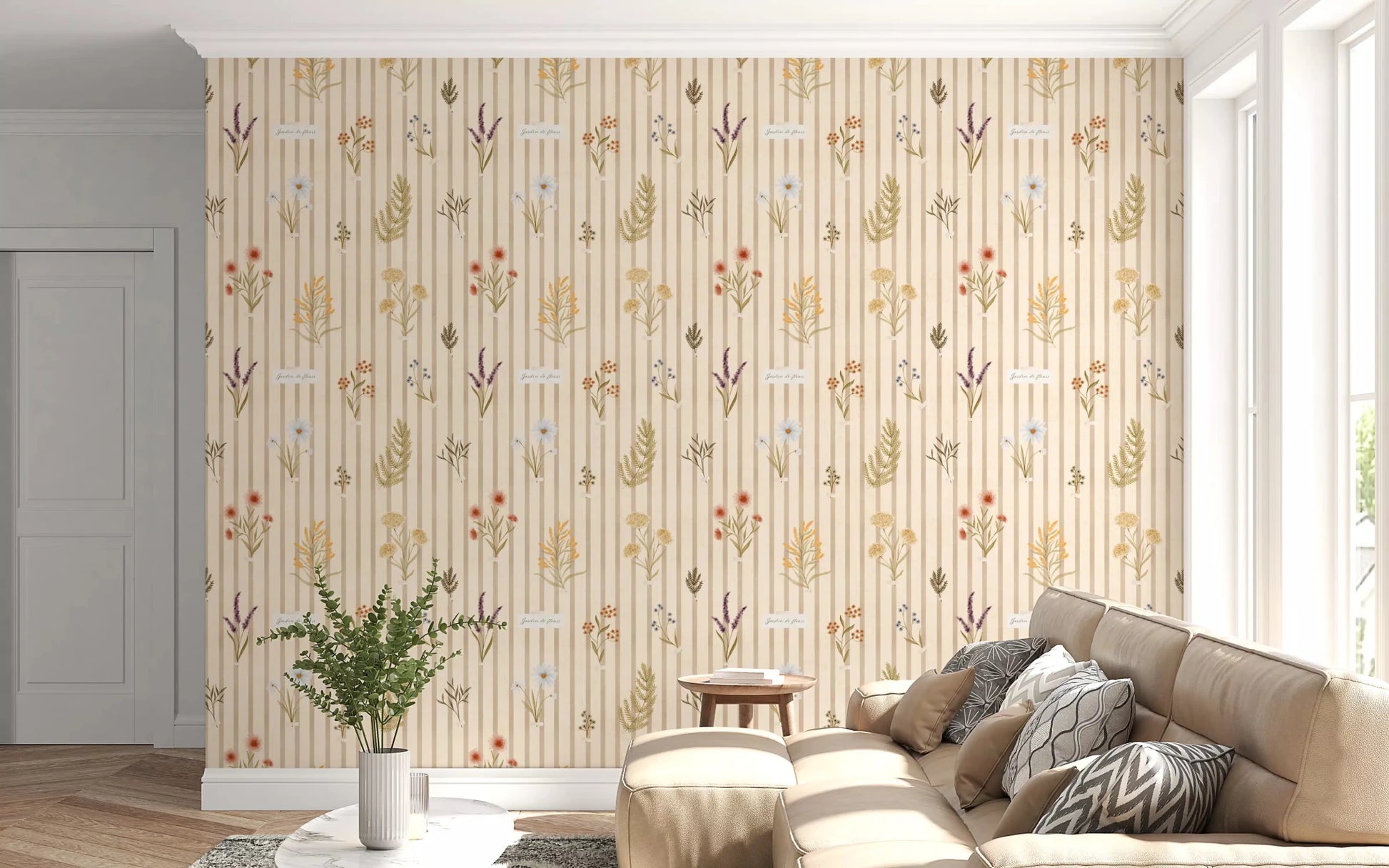 Jardin des Fleurs striped wallpaper with pastel floral sprigs, GD9209