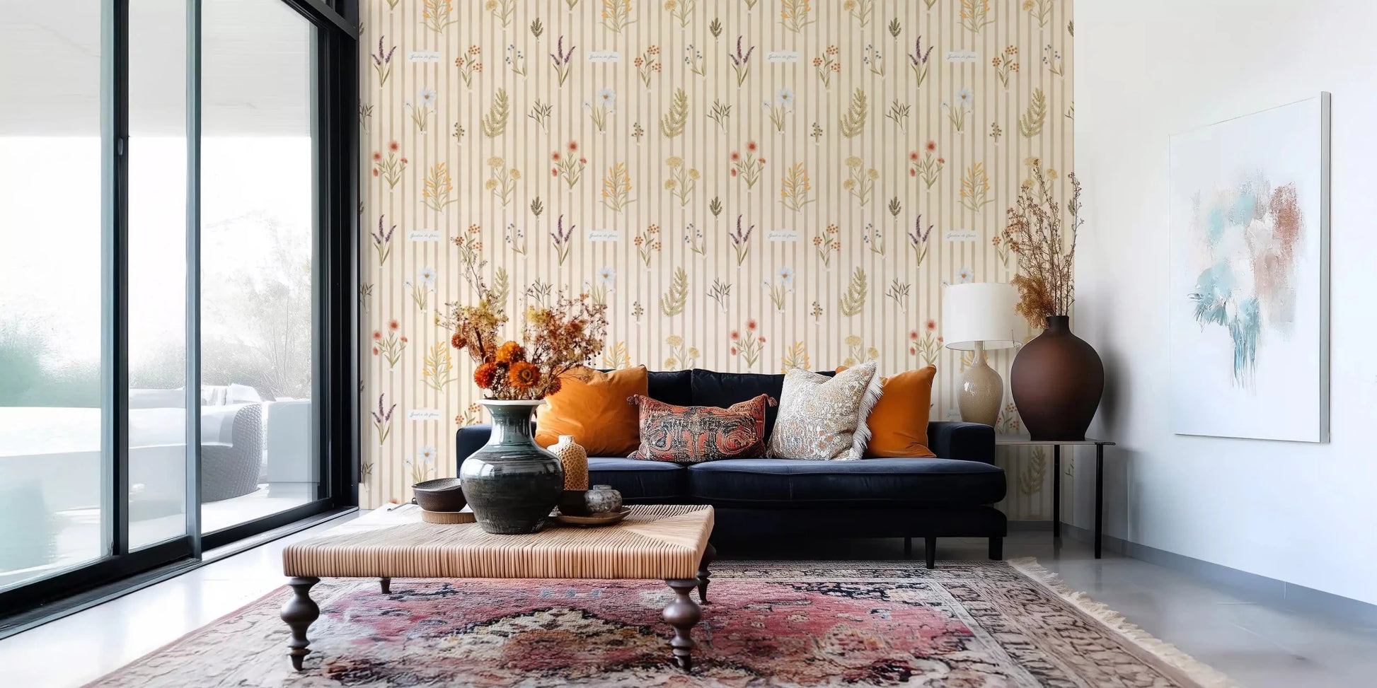 Office room with Jardin des Fleurs wildflowers wallpaper stripes, GD9209