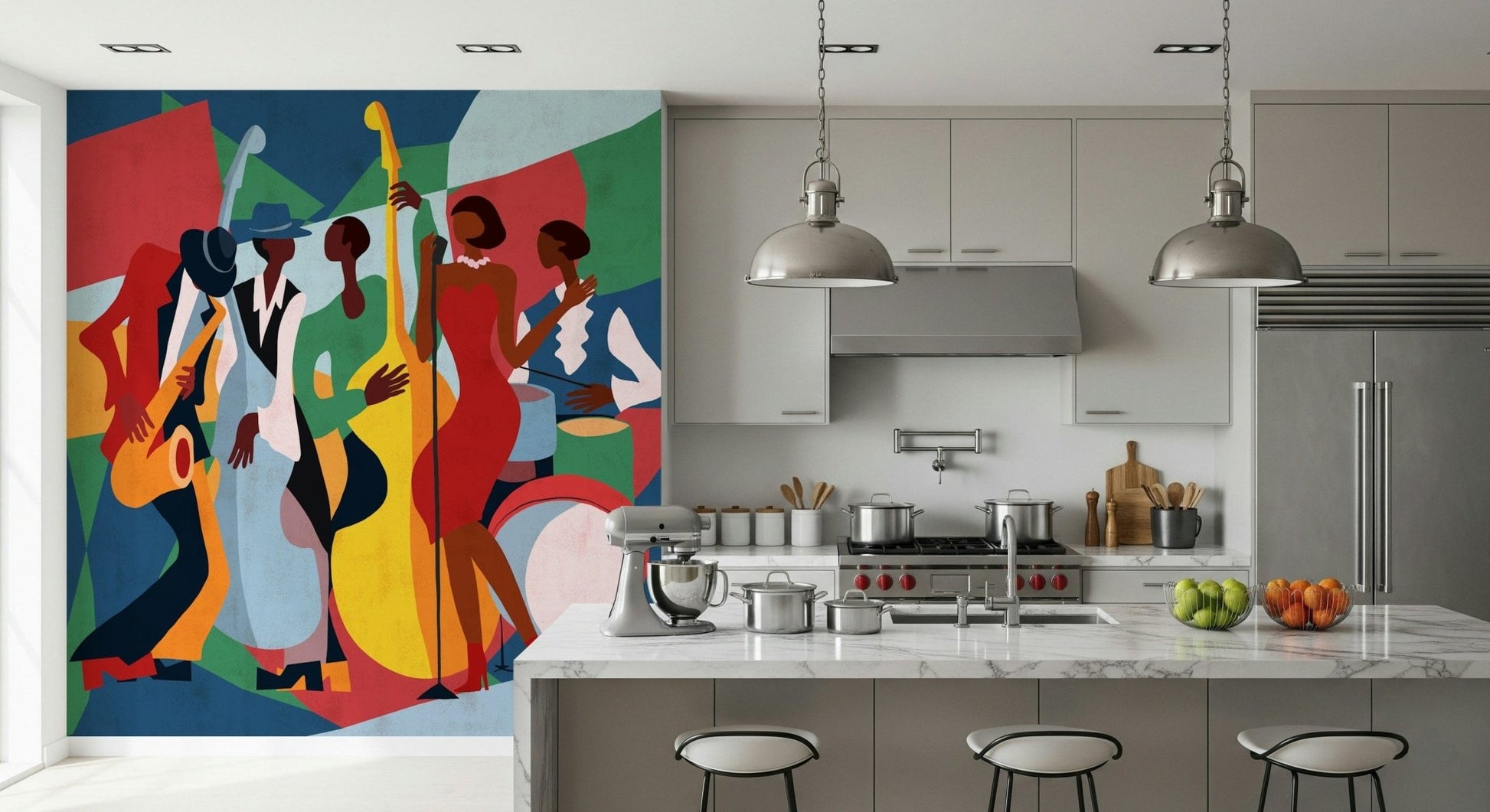 Abstract jazz band wall mural in a professional office setting., GD7821