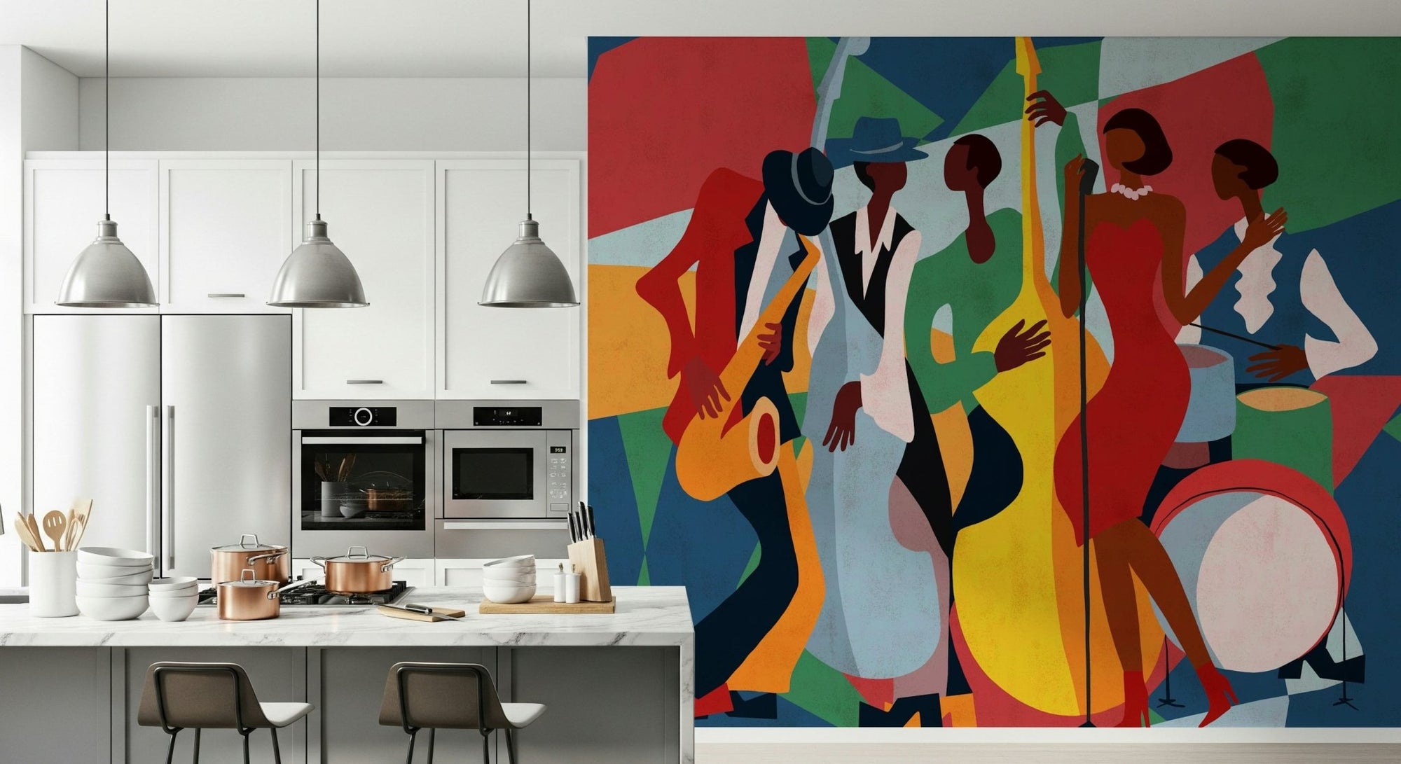 Jazz Ensemble wall mural in a modern living room with dark tones., GD7821