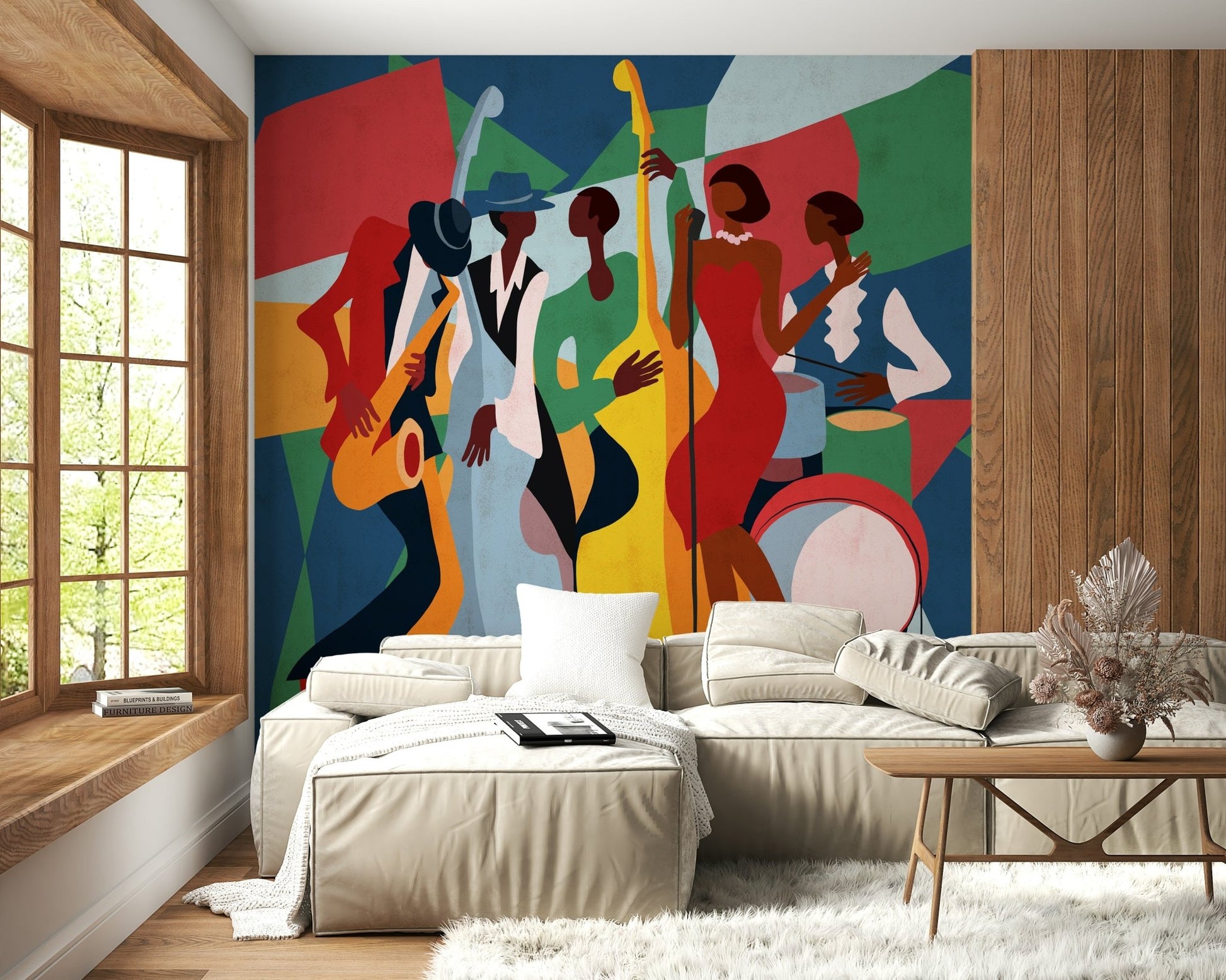 Artistic band performance wallpaper for a high-ceilinged foyer entry., GD7821