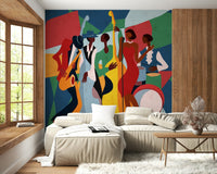 Artistic band performance wallpaper for a high-ceilinged foyer entry., GD7821