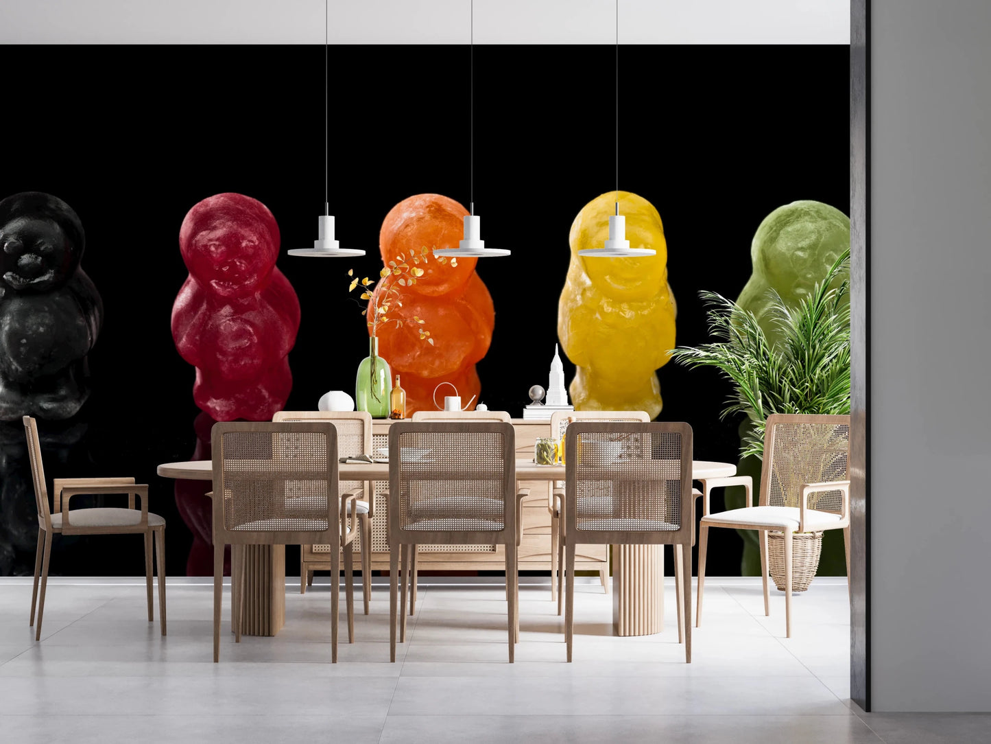 Modern dining space styled around Jelly Babies Wall Mural with bright sweets, GD8629