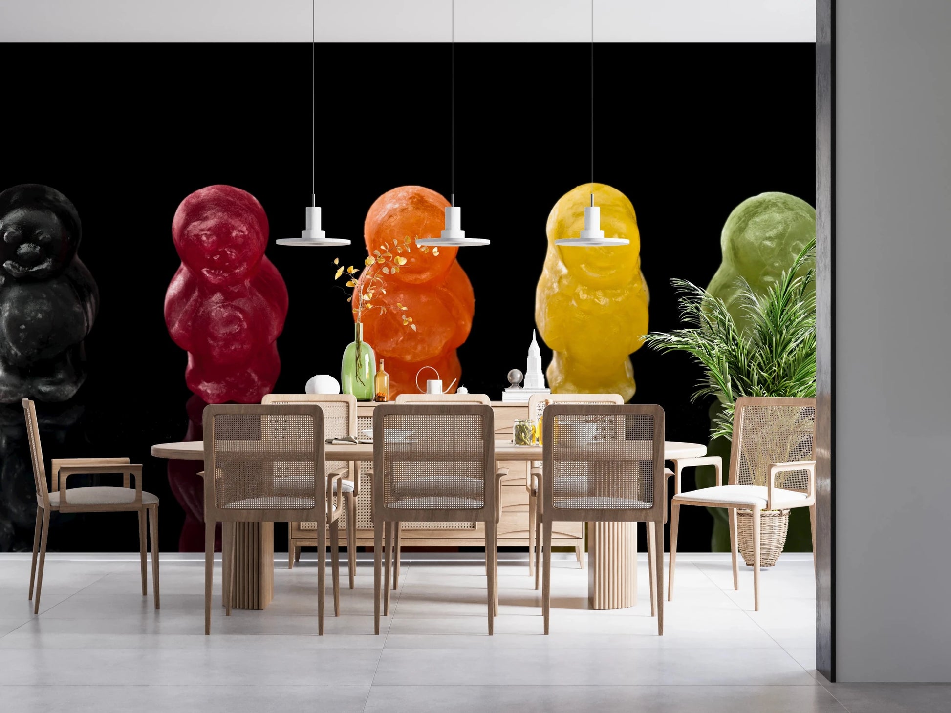 Modern dining space styled around Jelly Babies Wall Mural with bright sweets, GD8629