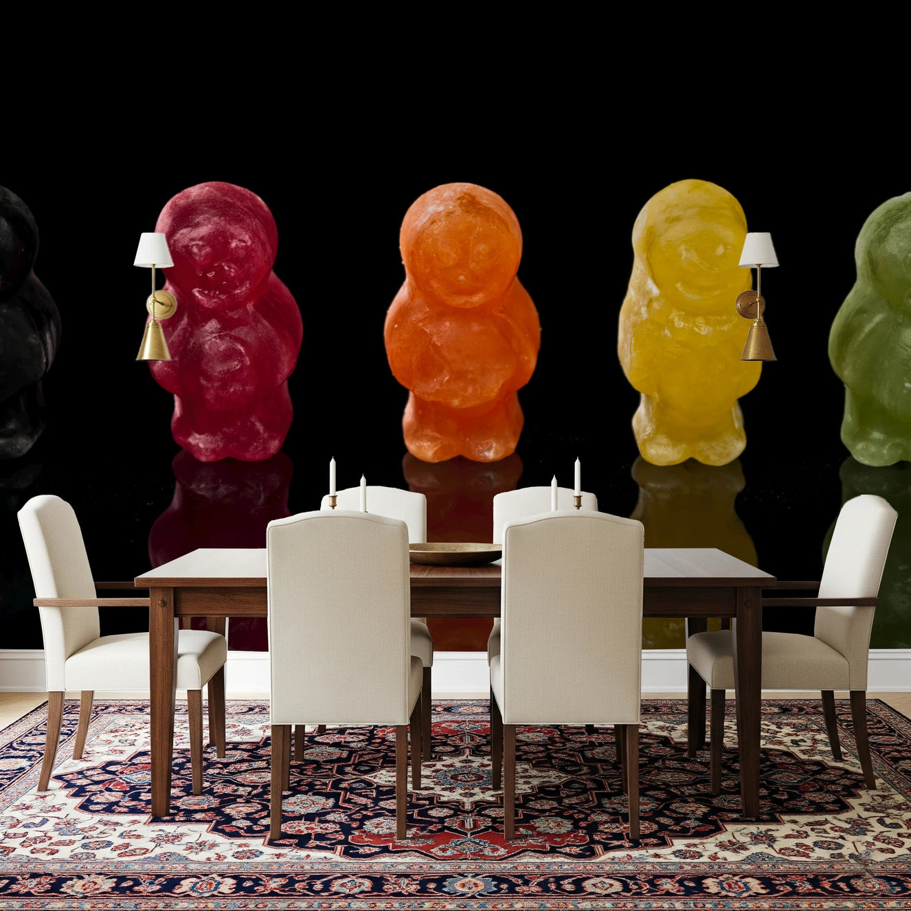 Dining room styled with Jelly Babies Wall Mural and bold candy figures backdrop