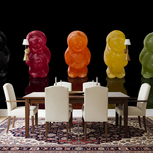 Dining room styled with Jelly Babies Wall Mural and bold candy figures backdrop